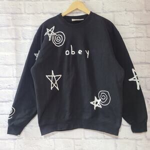 Obey Gazin Crew Sweatshirt Men's Medium Black Embroidered Stars Shephard Fairey